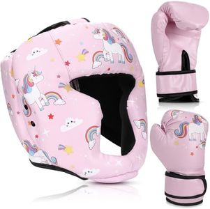 Arrowbash Boxing Headgear and Gloves Set for Kids 6oz Pink Unicorn Boxing Gloves and Wrestling Headgear Sparring Equipment for Boxing Kickboxing Muay Thai BJJ Karate Training