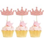 Ephlyn 24Pcs Crown Cupcake Toppers Glitter Queen Crown Cupcake Picks for Queen Princess Theme Baby Shower Girls Wedding Birthday Party Cake Decorations Supplies Rose Gold