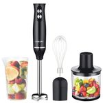 Hand Blender 4- in- 1 Immersion Blender Handheld, Stick Blender Electric with Stainless Steel Blending Shaft, Food Chopper Container, Milk Frother Egg Whisk for Smoothies, Soups, Sauces, Baby Food