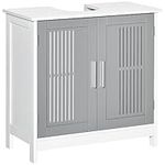 kleankin Bathroom Vanity with Sink, Modern Bathroom Vanity Cabinet with 2 Slat Doors, Pedestal Sink Storage Cabinet with Adjustable Shelves, White, Grey