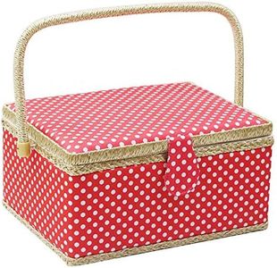 Large Sewing Basket with Accessories,Wooden Sewing Organizer Box for Sewing Supplies and DIY Crafting Tools Storage,Sewing Kit Tools for Sewing Mending,Polka Dots(red)