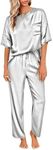 Ekouaer Women's Satin Silky Pajama Set Short Sleeve Shirt with Long Pajama Pant Set Soft PJ Loungewear Grey L