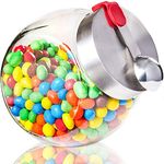 Glass Candy Jar Dispenser with Scoop, Stainless Steel Magnetic Lid for Cookies, Nuts, Dry Goods, Countertop Food Storage (58 oz)