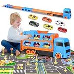 Yilingchild Car Transporter Truck Toy Set, 65 Inch Ejection Race Track Truck with 6 Metal Racing Cars 12 Road Signs 1 Play Map, Mega Hauler Carrier Trucks for 3 4 5 6 7 Years Old Kids Boys Gift