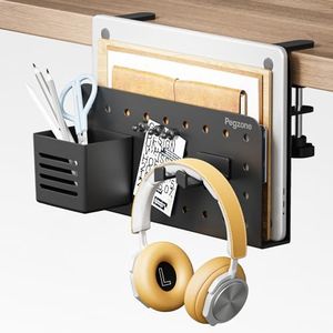 PEGZONE Desk Side Storage Organizer, No Drill Under Desk Laptop Holder, Clamp on Desk Shelf with Pegboard Accessories, Hanging Laptop Mount, Fits Flat Edge Desks 0.4" to 2.2", Black