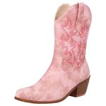 rismart Women Western Cowboy Boots Mid Calf Embroidered Cowgirl Shoes Pink,6.5