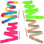 4 Pack 2-Meter/ 78.7inch (6.56 ft) Dance Ribbons, Rainbow Streamers Rhythmic Gymnastics Ribbon, Baton Twirling Wands on Sticks for Kids Artistic Dancing