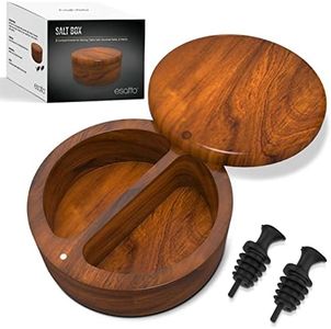 Esatto Round Acacia Wooden Salt and Spice Box, Magnetic Swivel Lid For Easy Storage or Retrieval, Salt Pepper or Spice Storage Box, With Two Working Compartments, 2 Wine Pourers Included