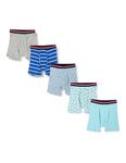 Amazon Essentials Men's Comfortable Cotton Tag-Free Boxer Briefs, Pack of 5, Blue Stripes/Crabs/Grey Heather/Light Blue/Sharks, M