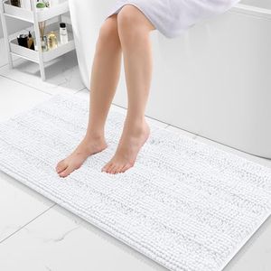 Grandaily Chenille Striped Bathroom Rugs 47x20, Extra Thick and Absorbent Bath Rugs, Non-Slip Soft Plush Shaggy Bath Carpet, Machine Wash Dry, Bath Mats for Bathroom, White