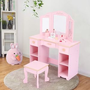 GarveeHome Kids Vanity, Pretend Play Vanity Set with Stool and Tri-Fold Mirror, Little Girl Makeup Desk, Toddler Dressing Table with Storage Drawers and Open Shelves for Girls 3+, Pink