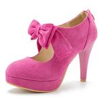 Women's Bow Heels Mary Jane High Heel Closed Toe Platform Vintage Dress Pumps, Hot Pink, 12