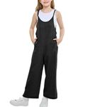 Rolanko Girls Jumpsuit Adjustable Spaghetti Strap Loose Overalls Rompers, Cotton Baggy Plain Playsuits with Pockets for Age 5-12 Years, Black, Size: 11-12 Years, 160