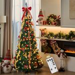 6ft Pre-lit Christmas Tree, Fully Pre-Decorated Pull-Up Artificial Penci Tree Collapsible Christmas Tree with 300 Lights, 24 Balls, 24 Bows,12 Flowers, 6 Ribbons, for Holiday Party Decor