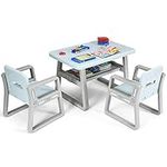 GYMAX Kids Table and Chairs Set, Toddler Activity Table with 2 Chairs & Storage Shelf, 3 Pcs Plastic Children Table Chair Set for Boys Girls Playing Reading Drawing Eating (Blue+Gray)