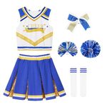 LOLANTA Girls Cheerleader Costume Kids SequinCheerleading Uniform Outfit with Pompoms Socks, Halloween Fancy Dress Costume for Girls 5-13 Years(Blue,9-10 Years,Tag Size 140)