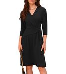 GRACE KARIN Women 3/4 Sleeve Midi Dress Wrap Dress V Neck Knit Dress for Fall Waist Tie Black XL