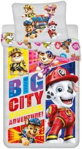 Jerry Fabrics Set di biancheria da letto double-face Paw Patrol 'Big City' con Skye, Marshall, Rubble e Chase, copripiumino 140 x 200cm, federa 70 x 90 cm, 100% cotone, con chiusura lampo, per bambini