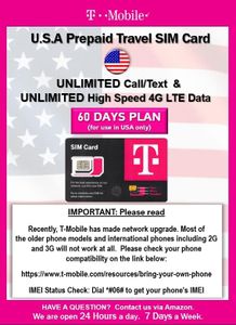 T-mobile Brand USA Prepaid Travel SIM Card Unlimited Call, Text and 4G LTE Data (for use in USA only) (for Phone use only. NOT for Modem/WiFi Devices) (60 Days)