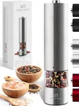 Electric Salt and Pepper Grinder - Single Battery Operated Stainless Steel Salt or Pepper Mill with Light - Automatic One Handed Operation with Adjustable Ceramic Grinder