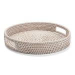 11.8 inch Round Rattan Tray, Ottoman Tray, Woven Serving Tray with Cut - Out Handles, Wicker Serving Basket, Whitewash