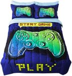 ADASMILE A & S Gamer Comforter Sets for Boys Teens Gaming Bedding Set Full Size 6 Pieces 3D Blue Green Gamepad Gaming Comforter Set for Kids Video Game Controller Bedding Set with Sheets Home Decor