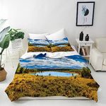 ANHOPE Nature Duvet Cover Set Soft Lightweight Microfibre 3 Piece Bedding Set with 2 Pillowcase Forest Lake Mountain White Cloud Scenery Print Pattern All Season Quilt Cover with Zipper Closure Double