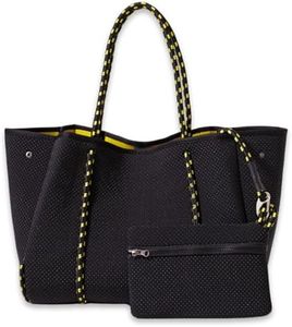POPUPS Large Neoprene Tote Bag for Women - Everyday Designer Handbag for Travel Work and Beach with Pockets and Zipper Pouch (Dotted Black Yellow)
