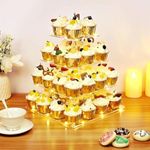 Ulifeme 4 Tier Cupcake Stand Acrylic Square Tower Display + Yellow LED String Light, Cake Holder Dessert Tree Tower for Birthday, Wedding, Graduation, Anniversary & Party Decoration, Dia 15/20/25/30cm