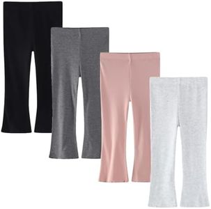 WATOCHE Baby Toddler Girl Flare Pants 4 Pack Toddler Bell Bottom Leggings Girls Soft Cotton Ribbed Ruffle Pants Fall Clothes(Black+Grey+Offwhite+Pink,4-5T)