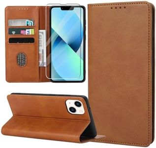 ZYMOU Funda para iPhone 13, Funda Tapa Libro Movil Carcasa PU Cuero con Protector de Pantalla de Vidrio Templado,[Protección Completa] [Ranura Tarjeta] [Función Soporte], Marrón