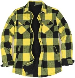 ZENTHACE Mens Fall Shacket Flannel Jacket Sherpa Fleece Lined Snap Button Up Plaid Flannel Shirt Warm Coat Yellow and Black XL