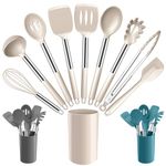 Joyfair Kitchen Utensils Set, 10 Pcs Silicone Cooking Utensils Set with Stainless Steel Handle, Heat Resistant Cooking Tools Spatula Turner Spoon Set with Holder, Dishwasher Safe & Non Scratch, Khaki