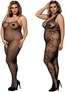 LOVELYBOBO 2 Pack Womens Plus Size Fishnet Bodystockings Striped Lingerie Crotchless Bodysuits Tights Suspenders Black