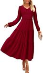 PRETTYGARDEN Womens Casual Smocked Midi Dress 2024 Fall Long Sleeve V Neck Tiered A Line Long Flowy Dress (Wine Red,Small)