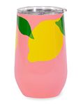 Kate Spade New York Insulated Stainless Steel Wine Tumbler, 16 Ounce Double Wall Tumbler, Pink Stemless Travel Cup with Lid, Lemon Toss