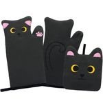 NIGOWAYS Oven Mitts,Cute Cat Design Cooking Glove,Quilted Cotton Lining,Heat Resistant Oven Mitts and Pot Holders Sets for Baking,Microwave,Cute Oven Mitts Gift for Mom,Housewarming(Black)