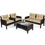 COSTWAY 4-Piece Garden Rattan Furniture Set, Patio Conversation Set with Cushioned Loveseat, Chairs and Tempered Glass Table, All-Weather Outdoor Wicker Sectional Sofa Set for Yard Lawn (Brown)