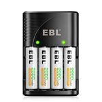 EBL AA Rechargeable Batteries 2800mAh 4-Pack and Smart Battery Charger with AC Wall Plug for AA AAA Ni-MH Ni-CD Rechargeable Batteries and 9V Batteries