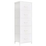 Somdot Tall Dresser for Bedroom, 5 Drawer Storage Organizer Chest of Drawers with Removable Fabric Bins for Living Room Closet Bedside Nursery Laundry Entryway Hallway, White Leather