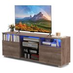 COSTWAY LED TV Stand for 65 Inch TVs, Wooden TV Cabinet Media Entertainment Center with RGB LED Lights, Adjustable Glass Shelves and 2 Doors, 146cm TV Unit Console Table for Living Room (Grey)