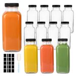 GUANENA 12 Pack Glass Drink Bottles, 12 OZ Vintage Square Water Bottles with Lids, Juice Bottles Beverages Containers for Milk, Kombucha, Smoothies