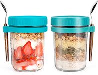 ALINK 2 Pack Overnight Oats Jars, Overnight Oats Container with Lid and Spoon, 10 oz Cereal, Milk, Vegetable and Fruit Salad Storage Container with Measurement Marks (green)