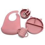 Kids Station 6Pcs Food Grade Silicone, Bpa-Free & Microwave Safe Baby Feeding Essentials Three Portion Plate, Bib, Bowl, Sipper & Fork & Spoon With Stainless Steel Heads (Cat Shape, Pink) - Solid