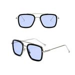 WONOLO Retro Vintage Sunglasses for Iron Man Sunglasses Tony Stark Glasses Square Metal Frame for Men Women Goggle Classic Alloy Frame AyeVision (Silver Frame Light Blue Lens)