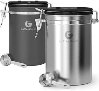 Coffee Canister - Coffee Gator Stainless Steel Coffee Container - Fresher Beans and Grounds for Longer - Date-Tracker, CO2-Release Valve and Measuring Scoop - 2-Pack, Silver/Gray