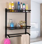 GOSAI Stainless Steel Bathroom Accessories 3 Layer Black Bathroom Shelf with Towel Bar and Hook | Multipurpose Bathroom Shelf | Towel Rack Shelf Matt Black Bathroom Shelves (16x5x17 inch)