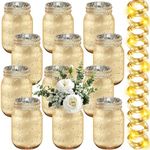 Tioncy 12 Pcs Painted Mason Jars for Table Glass Decorative Jars with 12 Light Strings for DIY Wedding Valentines Day Housewarming Home Decoration(Gold)