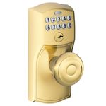 Schlage FE595 CAM 505 GEO Camelot Keypad Entry with Flex-Lock and Georgian Style Knobs, Bright Brass