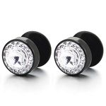 8mm Mens Women Black Circle Stud Earrings with Cubic Zirconia Steel Cheater Fake Plugs Gauges Tunnel